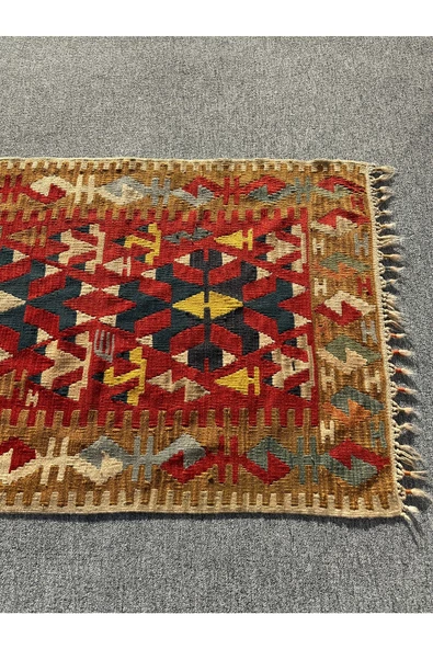 EL DOKUMA KİLİM 87X285 KÖK BOYA %100 YÜN KIRMIZI MAVİ KİLİM YOLLUK - Resim 3