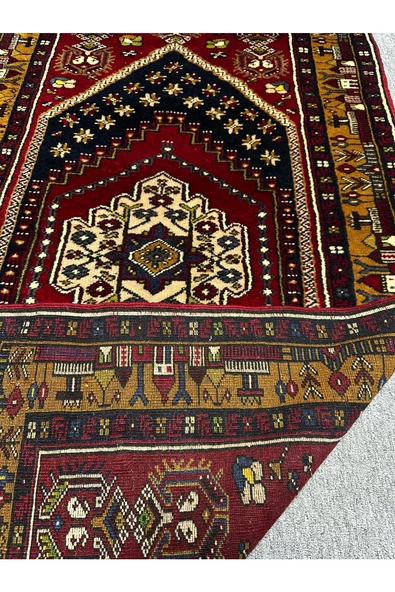 El Dokuma Türk Halısı Yahyalı 103x180 Kırmızı Lacivert Kök Boy %100 Yün Halı ! - 7