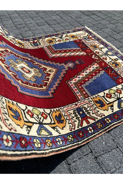 EL DOKUMA İNCE YAHYALI HALISI 87X140 KIRMIZI LACİVERT %100 YÜN HALI ! - 7