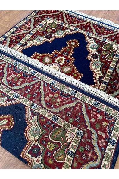 El Dokuma Iran Halısı Seccade 83x140 Lacivert Göbekli %100 Yün Halı ! - 5