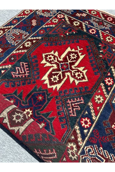 El Dokuma Döşemealtı Halısı 118x190 Kırmızı Lacivert Kök Boya Yün Halı - Resim 7