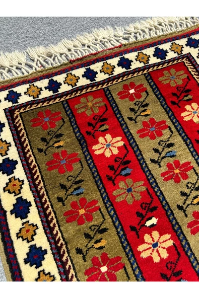 El Dokuma Şal Halısı 80x220 Yeşil Kırmızı Krem %100 Yün Metre Yolluk - Resim 4