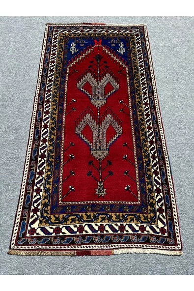 EL DOKUMA KIRMIZI TAŞPINAR HALISI SECCADE 108X210 KÖK BOYA LACİVERT YÜN NAMAZLIK