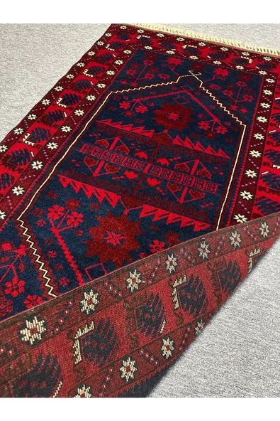 EL DOKUMA HALI YAĞCIBEDİR 110X200 KIRMIZI LACİVERT %100 YÜN KÖK BOYA - Resim 4