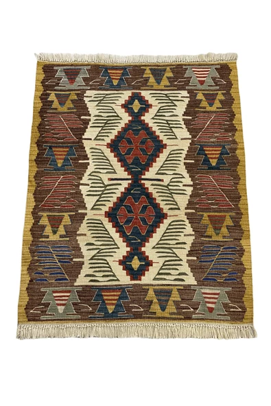 El Dokuma Uşak Kilimi 94x123 Krem Kahve Kök Boya %100 Yün Kilim