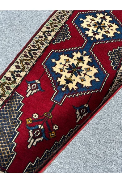 El Dokuma Yahyalı Sıfır Yolluk 75x270 Lacivert Kırmızı %100 Yün Kalın Kök Boya Yolluk - Resim 4