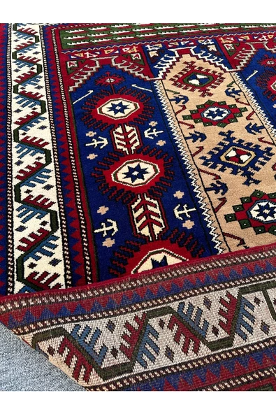 El Dokuma Deniz Çapası Desenli Kafkas Halı 142x200 Lacivert Kırmızı %100 Yün 3 M2 Halı ! - 4