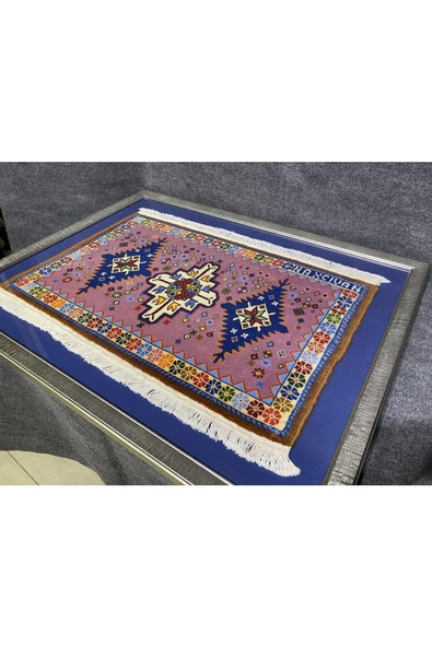 El Dokuma 72x91 Pembe %100 Yün Azerbaycan Halısı Çerçeveli Tablo - 6