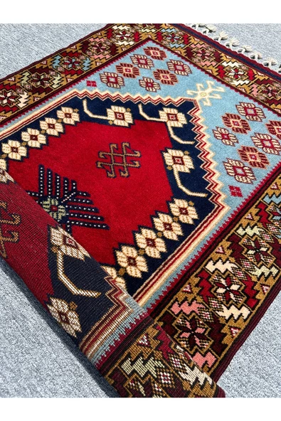 El Dokuma Özel Desenli Yağcıbedir Halısı 85x140 Turkuaz Kırmızı %100 Yün Kök Boya Halı - Resim 7