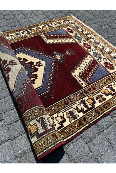 EL DOKUMA %100 YÜN YAHYALI HALISI 100X157 BORDO MAVİ KÖK BOYA HALI ! - Resim 7