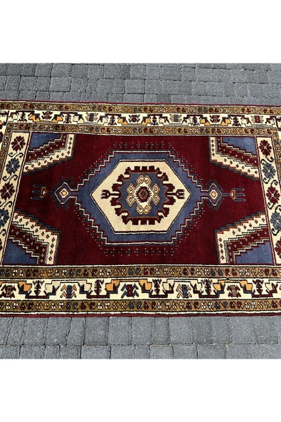 EL DOKUMA %100 YÜN YAHYALI HALISI 100X157 BORDO MAVİ KÖK BOYA HALI ! - Resim 4