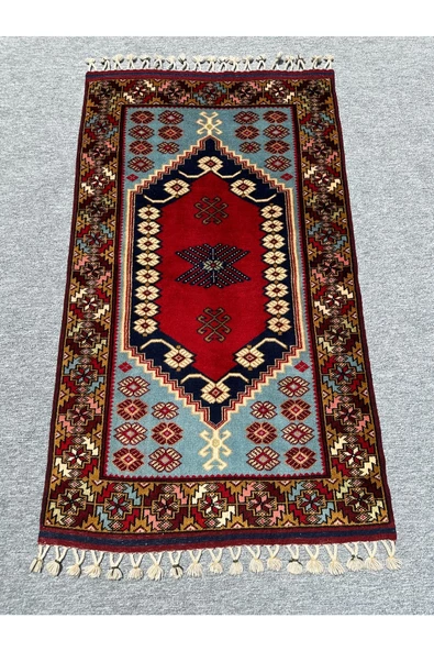 El Dokuma Özel Desenli Yağcıbedir Halısı 85x140 Turkuaz Kırmızı %100 Yün Kök Boya Halı ürün görseli