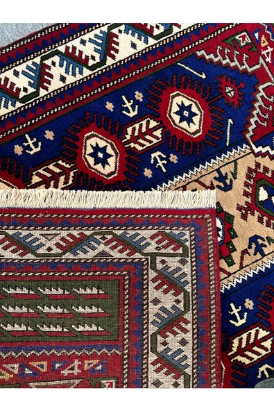 El Dokuma Deniz Çapası Desenli Kafkas Halı 142x200 Lacivert Kırmızı %100 Yün 3 M2 Halı ! - 5