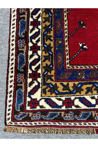 EL DOKUMA KIRMIZI TAŞPINAR HALISI SECCADE 108X210 KÖK BOYA LACİVERT YÜN NAMAZLIK - 5