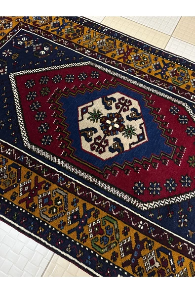 El Dokuma Yahyalı Halısı 90x155 Kırmızı Lacivert %100 Yün Kök Boya Halı ! - Resim 4