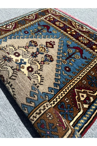 El Dokuma Sıfır Yahyalı Halısı 84x135 Turkuaz Gri %100 Yün Kök Boya Halı - 8