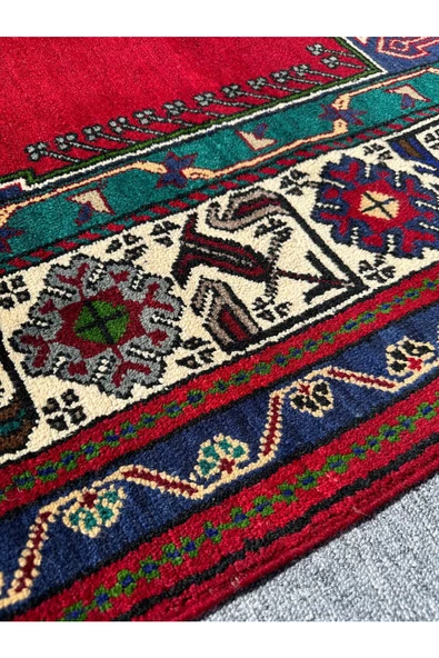 EL DOKUMA TAŞPINAR SECCADE HALI NAMAZLIK 123X200 YEŞİL KIRMIZI LACİVERT %100 YÜN - 4