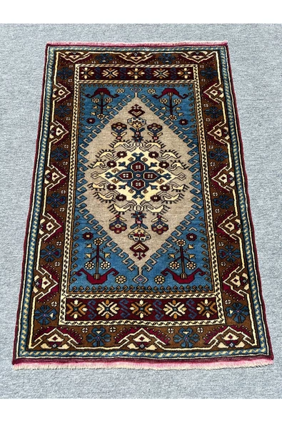 El Dokuma Sıfır Yahyalı Halısı 84x135 Turkuaz Gri %100 Yün Kök Boya Halı