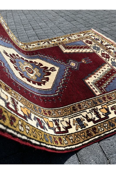 EL DOKUMA %100 YÜN YAHYALI HALISI 100X157 BORDO MAVİ KÖK BOYA HALI ! - Resim 6