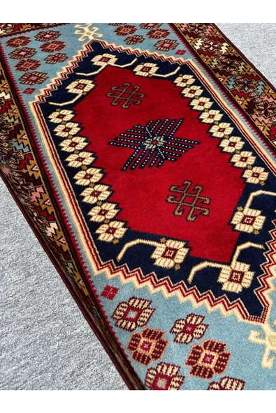 El Dokuma Özel Desenli Yağcıbedir Halısı 85x140 Turkuaz Kırmızı %100 Yün Kök Boya Halı - Resim 4