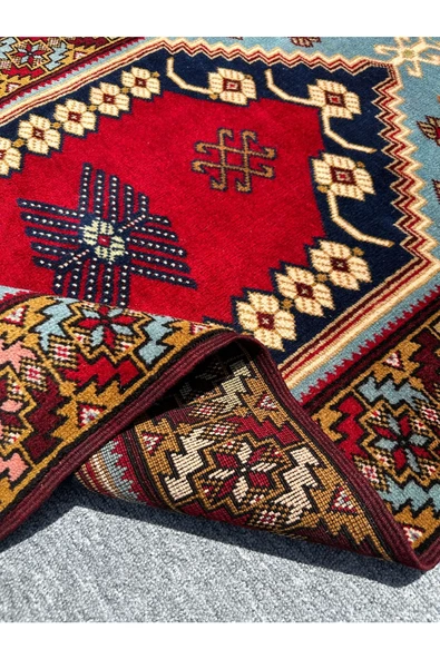 El Dokuma Özel Desenli Yağcıbedir Halısı 85x140 Turkuaz Kırmızı %100 Yün Kök Boya Halı - Resim 5