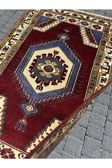 EL DOKUMA %100 YÜN YAHYALI HALISI 100X157 BORDO MAVİ KÖK BOYA HALI ! - Resim 3