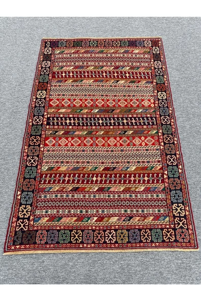 El Dokuması Iran Kilimi 126x200 Renkli Motifli %100 Yün Kilim !