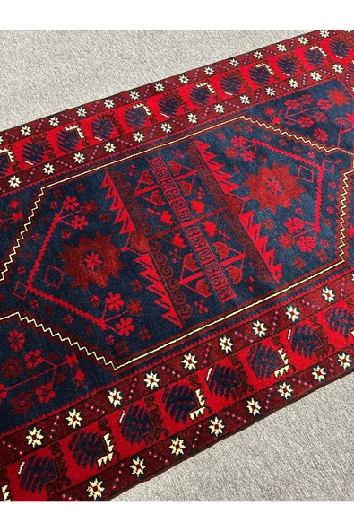 EL DOKUMA HALI YAĞCIBEDİR 110X200 KIRMIZI LACİVERT %100 YÜN KÖK BOYA - Resim 2