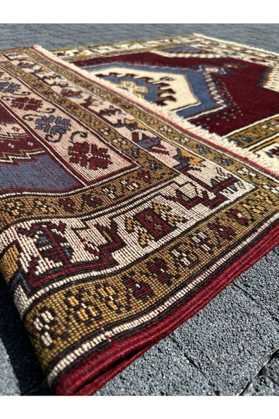 EL DOKUMA %100 YÜN YAHYALI HALISI 100X157 BORDO MAVİ KÖK BOYA HALI ! - Resim 5