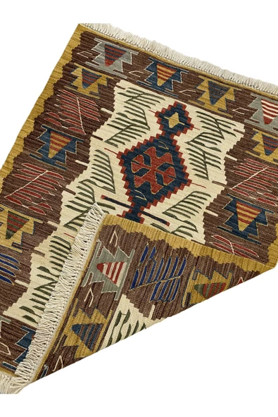 El Dokuma Uşak Kilimi 94x123 Krem Kahve Kök Boya %100 Yün Kilim - 6