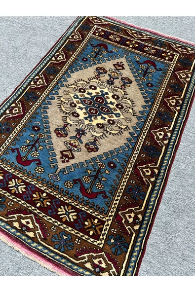 El Dokuma Sıfır Yahyalı Halısı 84x135 Turkuaz Gri %100 Yün Kök Boya Halı - 3