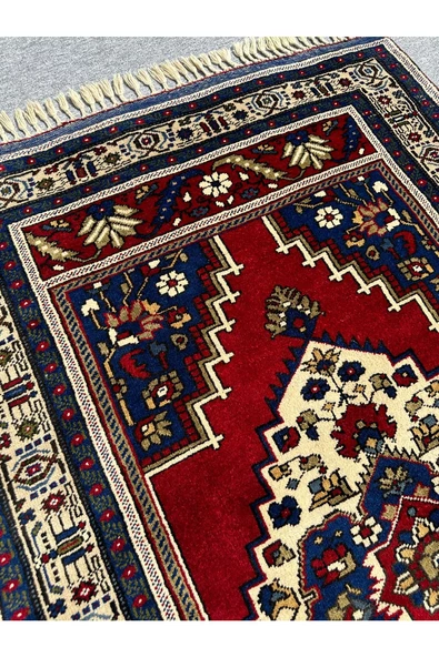 EL DOKUMA KALIN TAŞPINAR HALISI 132X215 LACİVERT KIRMIZI %100 YÜN KÖK BOYA HALI - Resim 3