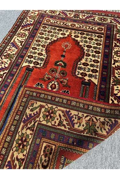 El Dokuma Sıfır Çamardı Halısı Büyük Seccade 115x175 Kiremit %100 Yün Kök Boya Namazlık - 3