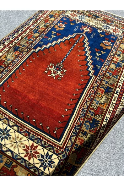 El Dokuma Taşpınar Halısı Seccade 118x190 Lacivert Kırmızı %100 Yün Namazlık - 5