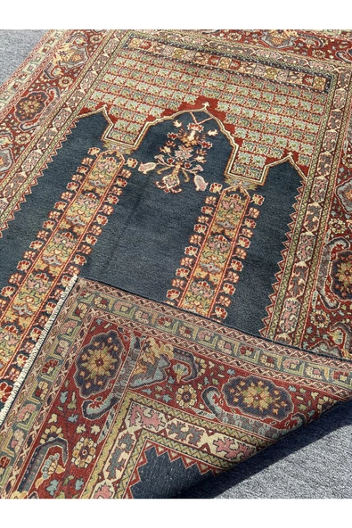 EL DOKUMA İRAN HALISI 141X216 BÜYÜK %100 YÜN MAVİ SECCADE NAMAZLIK ! - 3