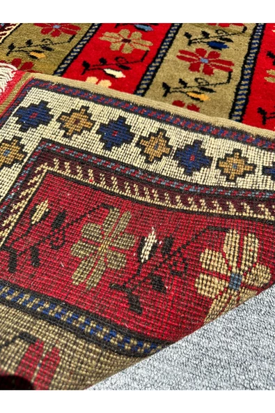 El Dokuma Şal Halısı 80x220 Yeşil Kırmızı Krem %100 Yün Metre Yolluk - Resim 6