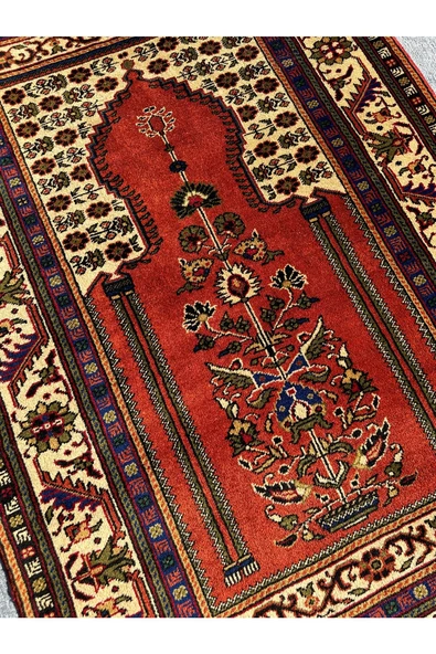 El Dokuma Sıfır Çamardı Halısı Büyük Seccade 115x175 Kiremit %100 Yün Kök Boya Namazlık - 7