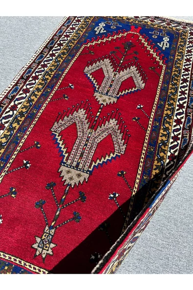 EL DOKUMA KIRMIZI TAŞPINAR HALISI SECCADE 108X210 KÖK BOYA LACİVERT YÜN NAMAZLIK - 2