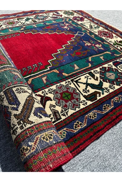 EL DOKUMA TAŞPINAR SECCADE HALI NAMAZLIK 123X200 YEŞİL KIRMIZI LACİVERT %100 YÜN - 7