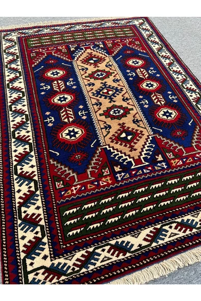 El Dokuma Deniz Çapası Desenli Kafkas Halı 142x200 Lacivert Kırmızı %100 Yün 3 M2 Halı ! - 3