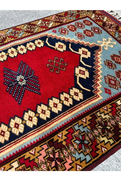El Dokuma Özel Desenli Yağcıbedir Halısı 85x140 Turkuaz Kırmızı %100 Yün Kök Boya Halı - Resim 6