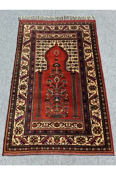 El Dokuma Sıfır Çamardı Halısı Büyük Seccade 115x175 Kiremit %100 Yün Kök Boya Namazlık