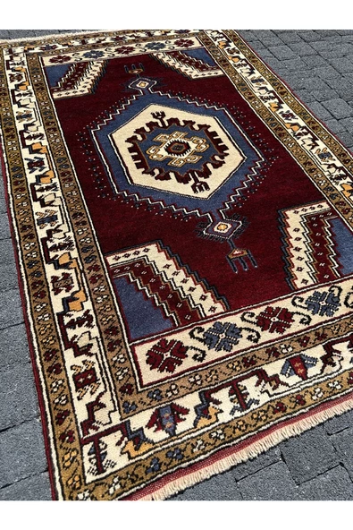 EL DOKUMA %100 YÜN YAHYALI HALISI 100X157 BORDO MAVİ KÖK BOYA HALI ! - Resim 2