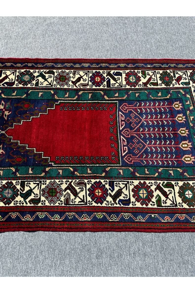 EL DOKUMA TAŞPINAR SECCADE HALI NAMAZLIK 123X200 YEŞİL KIRMIZI LACİVERT %100 YÜN - 3