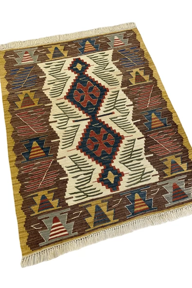 El Dokuma Uşak Kilimi 94x123 Krem Kahve Kök Boya %100 Yün Kilim - 4