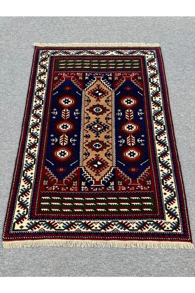El Dokuma Deniz Çapası Desenli Kafkas Halı 142x200 Lacivert Kırmızı %100 Yün 3 M2 Halı !