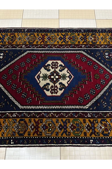 El Dokuma Yahyalı Halısı 90x155 Kırmızı Lacivert %100 Yün Kök Boya Halı ! - Resim 3