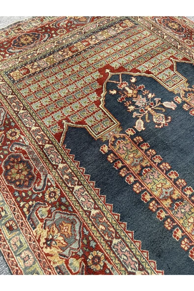 EL DOKUMA İRAN HALISI 141X216 BÜYÜK %100 YÜN MAVİ SECCADE NAMAZLIK ! - 4