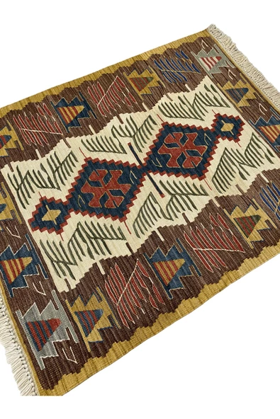 El Dokuma Uşak Kilimi 94x123 Krem Kahve Kök Boya %100 Yün Kilim - 2