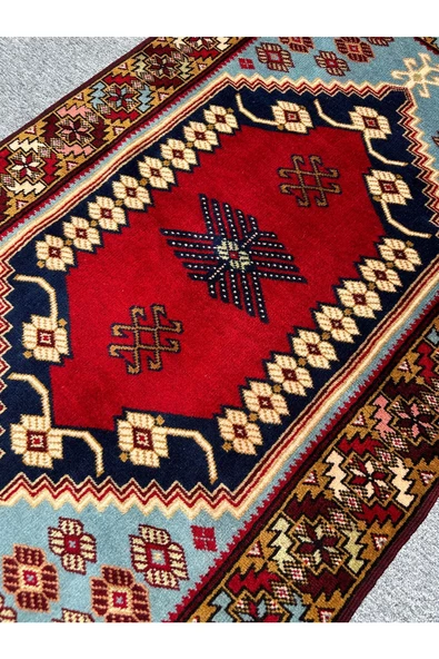 El Dokuma Özel Desenli Yağcıbedir Halısı 85x140 Turkuaz Kırmızı %100 Yün Kök Boya Halı - Resim 2